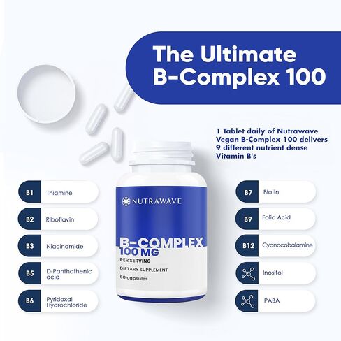 Nutrawave VITAMIN B COMPLEX 100، 9 Complete B's - B1- B12 للرجال والنساء، يقلل التوتر، ويدعم المناعة، والشعر، والجلد، ويدعم مستويات الطاقة ووظيفة الدماغ - نباتي - 60 كبسولة / كمية تكفي لمدة شهرين in Saudi Arabia