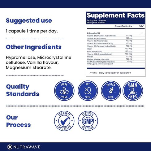 Nutrawave VITAMIN B COMPLEX 100، 9 Complete B's - B1- B12 للرجال والنساء، يقلل التوتر، ويدعم المناعة، والشعر، والجلد، ويدعم مستويات الطاقة ووظيفة الدماغ - نباتي - 60 كبسولة / كمية تكفي لمدة شهرين in Saudi Arabia