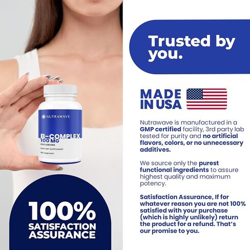 Nutrawave VITAMIN B COMPLEX 100، 9 Complete B's - B1- B12 للرجال والنساء، يقلل التوتر، ويدعم المناعة، والشعر، والجلد، ويدعم مستويات الطاقة ووظيفة الدماغ - نباتي - 60 كبسولة / كمية تكفي لمدة شهرين in Saudi Arabia