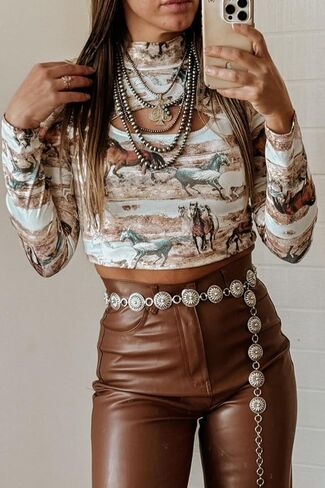 MARZXIN Women Long Sleeve T-Shirt Western Print Hollow Out High Neck Tunic Tops Graphic Tees in Saudi Arabia