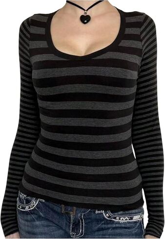 SOLY HUX Women's Striped Long Sleeve T Shirts Scoop Neck Fitted Aesthetic Tees Y2k Grunge Top in Saudi Arabia