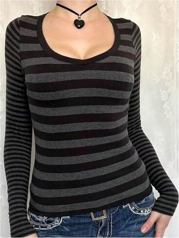 تي شيرت نسائي مخطط بأكمام طويلة من SOLY HUX تي شيرت جمالي برقبة واسعة مناسب Y2k Grunge Top in Kuwait