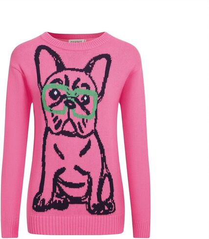 OXKnit Women's Knit Long Sleeve T-Shirts, Retro Dog with Glasses Pattern Casual Cotton Knit Tops in Kuwait