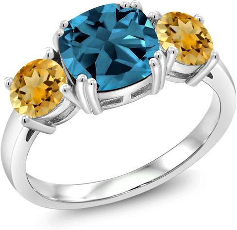Gem Stone King 4.10 Cttw London Blue Topaz and Yellow Citrine 3-Stone Engagement Ring For Women | 925 Sterling Silver | Gemstone November Birthstone | Cushion 8MM | Available In Size 5, 6, 7, 8, 9 in Saudi Arabia