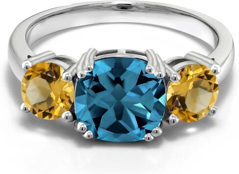 Gem Stone King 4.10 Cttw London Blue Topaz and Yellow Citrine 3-Stone Engagement Ring For Women | 925 Sterling Silver | Gemstone November Birthstone | Cushion 8MM | Available In Size 5, 6, 7, 8, 9 in Saudi Arabia