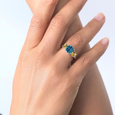 Gem Stone King 4.10 Cttw London Blue Topaz and Yellow Citrine 3-Stone Engagement Ring For Women | 925 Sterling Silver | Gemstone November Birthstone | Cushion 8MM | Available In Size 5, 6, 7, 8, 9 in Saudi Arabia