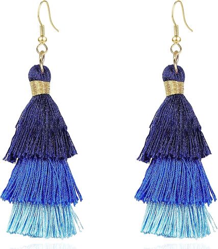 CWVHQ Boho Tassel Blue Dangle Earring for Women Long Thread Tassel Bohemian Layered Fringe Drop Handmade Earrings in Saudi Arabia