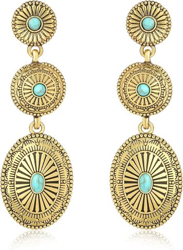 ecozran Chic Western Cowgirl Dangle Concho Earrings Boho Vintage Country Concert Sterling Silver Turquoise Elegant Hanging Bohemian Jewelry for Women in Saudi Arabia