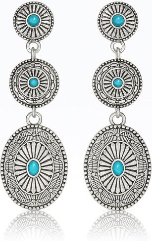ecozran Chic Western Cowgirl Dangle Concho Earrings Boho Vintage Country Concert Sterling Silver Turquoise Elegant Hanging Bohemian Jewelry for Women in Saudi Arabia