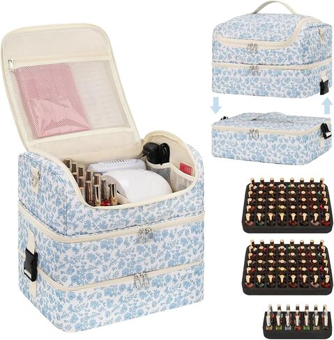 Extra Large Nail Polish Organizer - Three Layer Nail Organizers And Storage Bag, Portable Nail Supplies Organizer Case, Nail Tech Kit Travel Carrying Box with Shoulder Strap (Floral Blue, 117 Slots) in Saudi Arabia