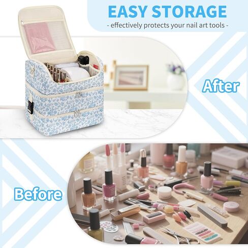 Extra Large Nail Polish Organizer - Three Layer Nail Organizers And Storage Bag, Portable Nail Supplies Organizer Case, Nail Tech Kit Travel Carrying Box with Shoulder Strap (Floral Blue, 117 Slots) in Saudi Arabia