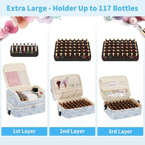 Extra Large Nail Polish Organizer - Three Layer Nail Organizers And Storage Bag, Portable Nail Supplies Organizer Case, Nail Tech Kit Travel Carrying Box with Shoulder Strap (Floral Blue, 117 Slots) in Saudi Arabia
