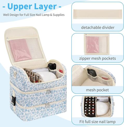 Extra Large Nail Polish Organizer - Three Layer Nail Organizers And Storage Bag, Portable Nail Supplies Organizer Case, Nail Tech Kit Travel Carrying Box with Shoulder Strap (Floral Blue, 117 Slots) in Saudi Arabia
