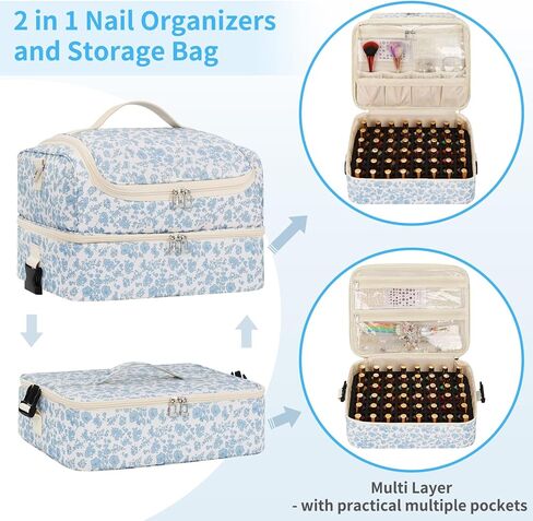 Extra Large Nail Polish Organizer - Three Layer Nail Organizers And Storage Bag, Portable Nail Supplies Organizer Case, Nail Tech Kit Travel Carrying Box with Shoulder Strap (Floral Blue, 117 Slots) in Saudi Arabia