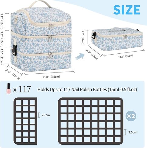 Extra Large Nail Polish Organizer - Three Layer Nail Organizers And Storage Bag, Portable Nail Supplies Organizer Case, Nail Tech Kit Travel Carrying Box with Shoulder Strap (Floral Blue, 117 Slots) in Saudi Arabia