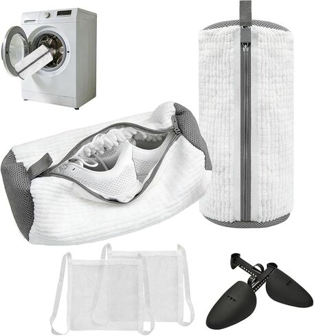 2Pcs Shoe Washing Machine Bag, Laundry Shoe Bag for Washer and Dryer, Reusable 360°Deep Protective Cleaning Bags, Include 2 Dry Net Bags and 2 Adjustable Shoe Trees, for Sneakers, Trainers(White) in Saudi Arabia