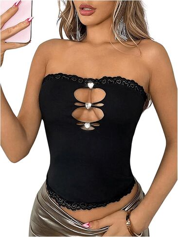 WDIRARA Women's Sexy Cut Out Lace Trim Sleeveless Strapless Crop Tube Top Y2k Bandeau Top in Saudi Arabia