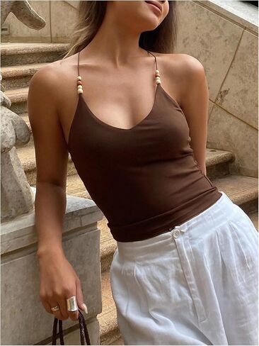 WDIRARA Women's Boho Beaded Halter Top Summer Criss Cross Backless Camisoles in Saudi Arabia