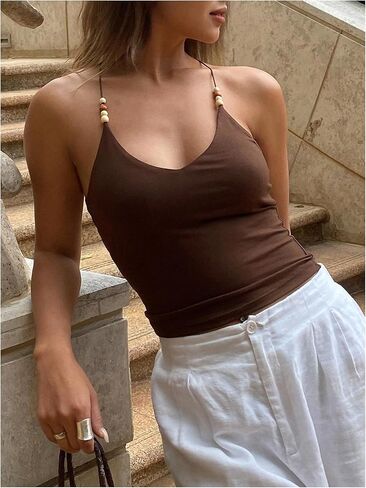 WDIRARA Women's Boho Beaded Halter Top Summer Criss Cross Backless Camisoles in Saudi Arabia