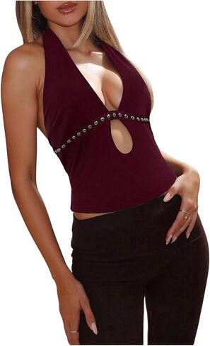 Verdusa Women's Rivet Halter Top Sexy Going Out Tops Tie Backless Rave Date Night Outfits in Saudi Arabia