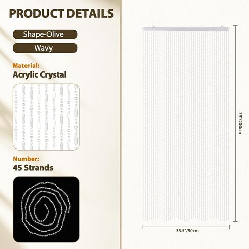 Boshen 45 Strands Acrylic Crystal Beaded Curtain, 35.5" x 79" Hanging Wave Pattern Doorway Decor, Room Divider for Windows Bedroom Balcony(White) in Saudi Arabia