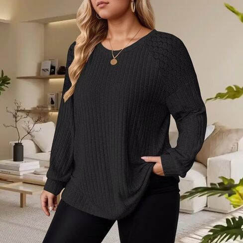 Plus Size Tops Womens Basic Crewneck Shirts Long Sleeve Sweatshirts Black XL in Saudi Arabia