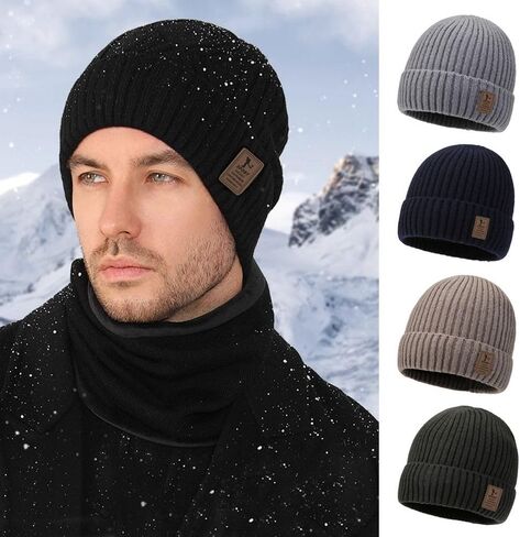 Beanies Hat Windproof Winter Thick Knitted Hat Warm Ear Cap Men(Black) in Saudi Arabia