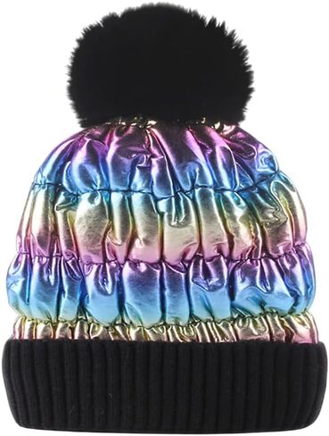 WITHMOONS Winter Pom Beanie Shiny Metallic Fleece Knit Hat Slouchy Cap YZP0255 in Saudi Arabia