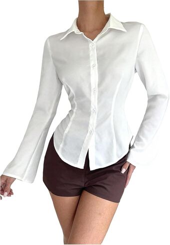 Floerns Women's Elegant Flare Long Sleeve Shirts Button Down Business Casual Work Blouse in Saudi Arabia