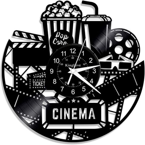 ساعة حائط سينما 12 بوصة - ديكور فيلم عتيق مع تصميم الفشار/التذكرة/نظارات ثلاثية الأبعاد، فينيل مقطوع بالليزر، حركة كوارتز صامتة، هدية مسرح مثالية وديكور منزلي (أسود) in Kuwait