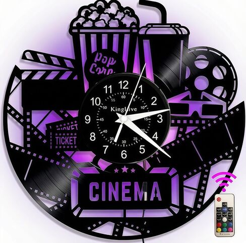 Cinema Wall Clock 12" - Vintage Movie Decor with Popcorn/Ticket/3D Glasses Design, Laser Cut Vinyl, Silent Quartz Movement, Perfect Theater Gift & Home Decor (Black)​ in Saudi Arabia