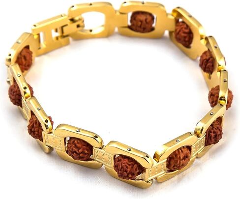 سوار Rudraksha للرجال والنساء مطلي بالذهب مصمم من خرز الهيمالايا 5-موخي وجه Rudraksha خرز مع لون ذهبي من الفولاذ المقاوم للصدأ مجوهرات روحية من أجل الطاقة الإيجابية والازدهار in Kuwait