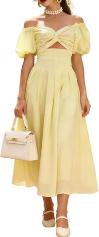Women's Summer Off The Shoulder Dresses Puff Sleeve Twist Front Cut Out A-Line Dress Casual Maxi Dress with Pockets in Kuwait