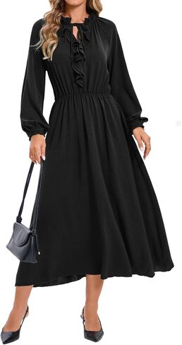 Ystguic Women's Casual Long Sleeve Fall Midi Flowy Empire Elastic Waist Dresses with Pockets in Saudi Arabia