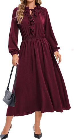 Ystguic Women's Casual Long Sleeve Fall Midi Flowy Empire Elastic Waist Dresses with Pockets in Saudi Arabia