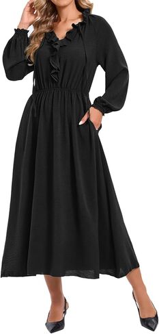 Ystguic Women's Casual Long Sleeve Fall Midi Flowy Empire Elastic Waist Dresses with Pockets in Saudi Arabia