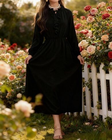 Ystguic Women's Casual Long Sleeve Fall Midi Flowy Empire Elastic Waist Dresses with Pockets in Saudi Arabia