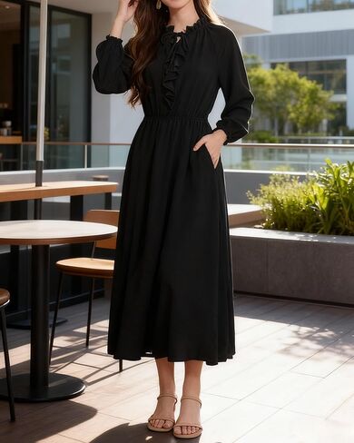 Ystguic Women's Casual Long Sleeve Fall Midi Flowy Empire Elastic Waist Dresses with Pockets in Saudi Arabia