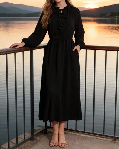 Ystguic Women's Casual Long Sleeve Fall Midi Flowy Empire Elastic Waist Dresses with Pockets in Saudi Arabia