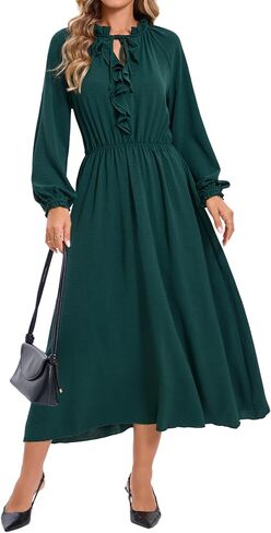 Ystguic Women's Casual Long Sleeve Fall Midi Flowy Empire Elastic Waist Dresses with Pockets in Saudi Arabia