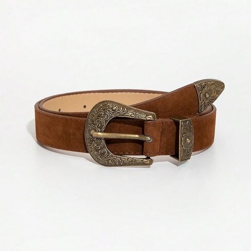 Brown Vintage Engraving Metal Buckle Micro Velvet Casual Belt for Women Suitable for Jeans Gift in Saudi Arabia
