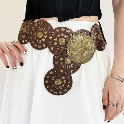 WWAYBEI Y2k Wide Boho Disc Belt for Women Vintage Concho Leather Disk Belts Western Waist Belts for Dress Jeans in Saudi Arabia