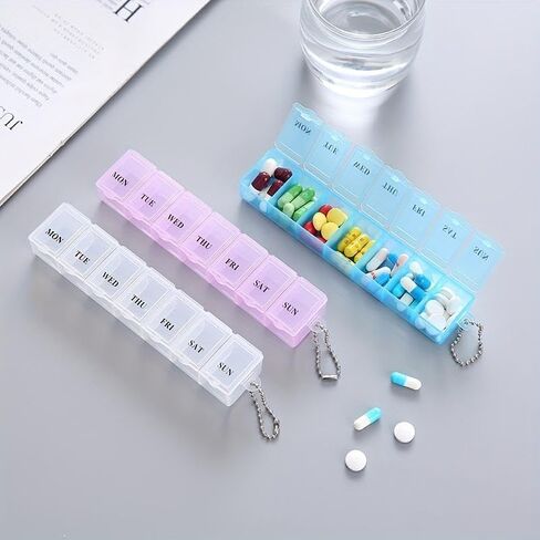 Plastic Pill Box Portable Exquisite Three-Color Plastic 7 Days Small Pill Medicine Storage Box Drug Separation (Blue) in Saudi Arabia