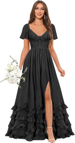 Gjvgj Short Sleeve Bridesmaid Dress for Wedding Chiffon V-Neck Corset Ruffled Long Formal Dresses with Slit in Kuwait