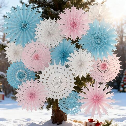 18 Pcs 12, 16, 20 Inch Pastel Candyland Snowflake Hanging Outdoor Decorations Winter Classroom Decor Winter Christmas Wonderland Snowflakes Ornaments with String Ceiling Decorative Folding Paper Fan in Saudi Arabia