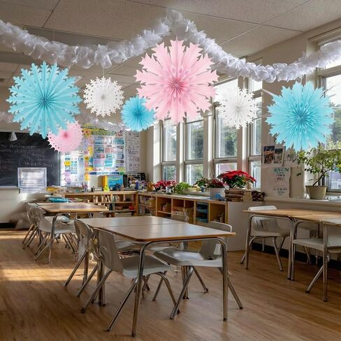18 Pcs 12, 16, 20 Inch Pastel Candyland Snowflake Hanging Outdoor Decorations Winter Classroom Decor Winter Christmas Wonderland Snowflakes Ornaments with String Ceiling Decorative Folding Paper Fan in Saudi Arabia
