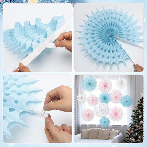 18 Pcs 12, 16, 20 Inch Pastel Candyland Snowflake Hanging Outdoor Decorations Winter Classroom Decor Winter Christmas Wonderland Snowflakes Ornaments with String Ceiling Decorative Folding Paper Fan in Saudi Arabia