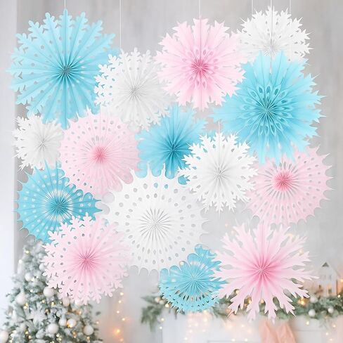 18 Pcs 12, 16, 20 Inch Pastel Candyland Snowflake Hanging Outdoor Decorations Winter Classroom Decor Winter Christmas Wonderland Snowflakes Ornaments with String Ceiling Decorative Folding Paper Fan in Saudi Arabia