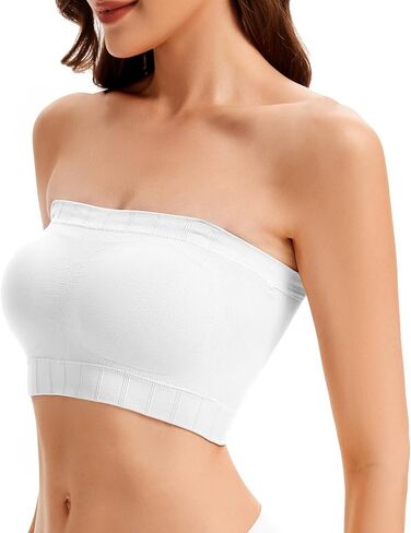 Finduself Wireless Strapless Bra for Women No Slip Silicone Grip Breathable Ribbed Bandeau Bra with Fixed Pads Fabric and Clear Straps in Saudi Arabia
