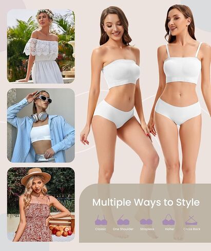 Finduself Wireless Strapless Bra for Women No Slip Silicone Grip Breathable Ribbed Bandeau Bra with Fixed Pads Fabric and Clear Straps in Saudi Arabia